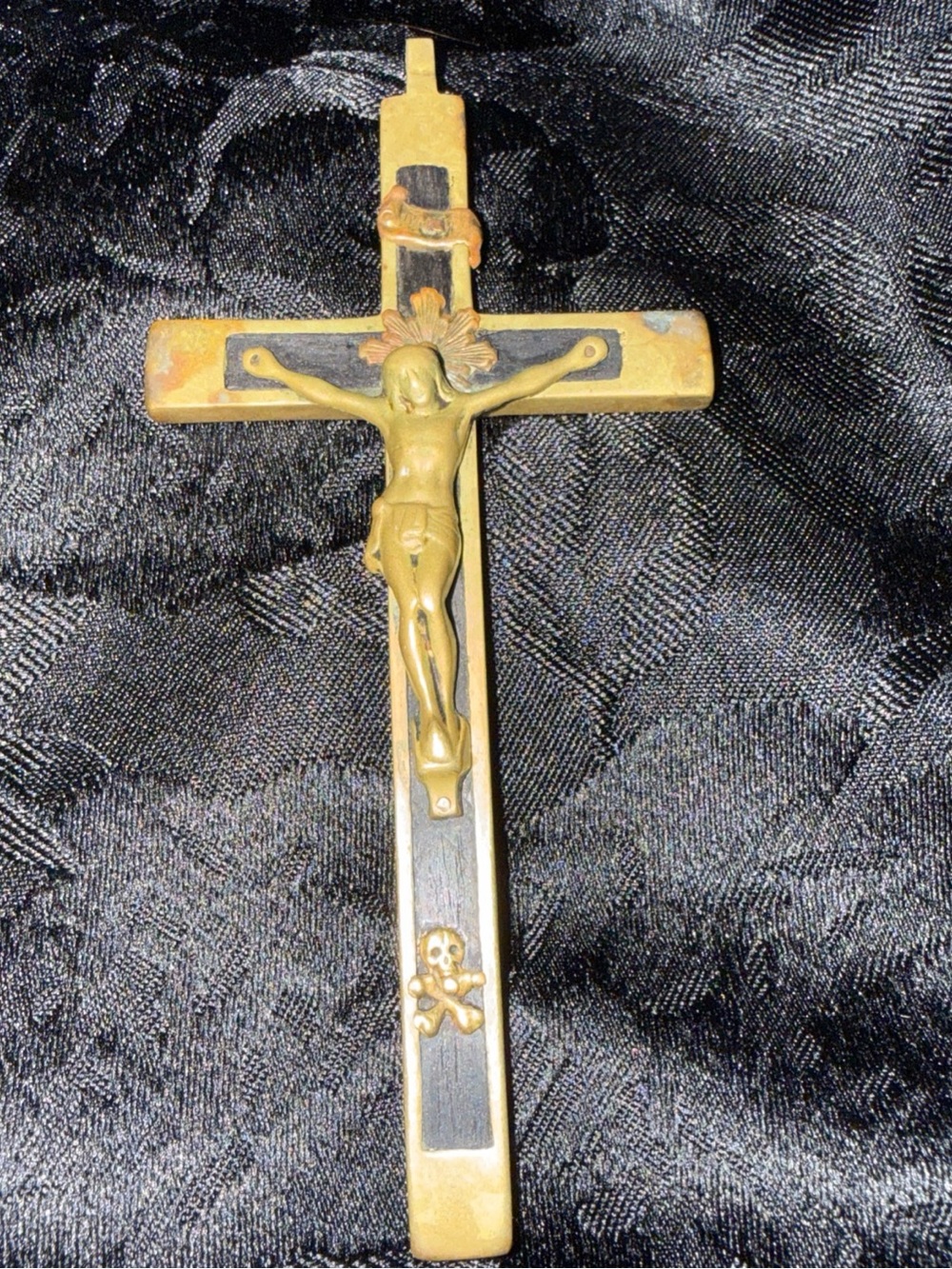 Brass Crucifix Bones Skull wooden inlay- Religious Wall Cross Antique Catholic
